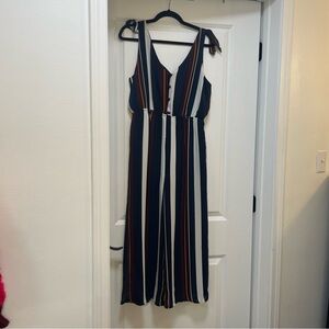 Sienna Sky Striped Maxi Jumpsuit Deep V-Neck - Navy, Maroon, White, and Orange